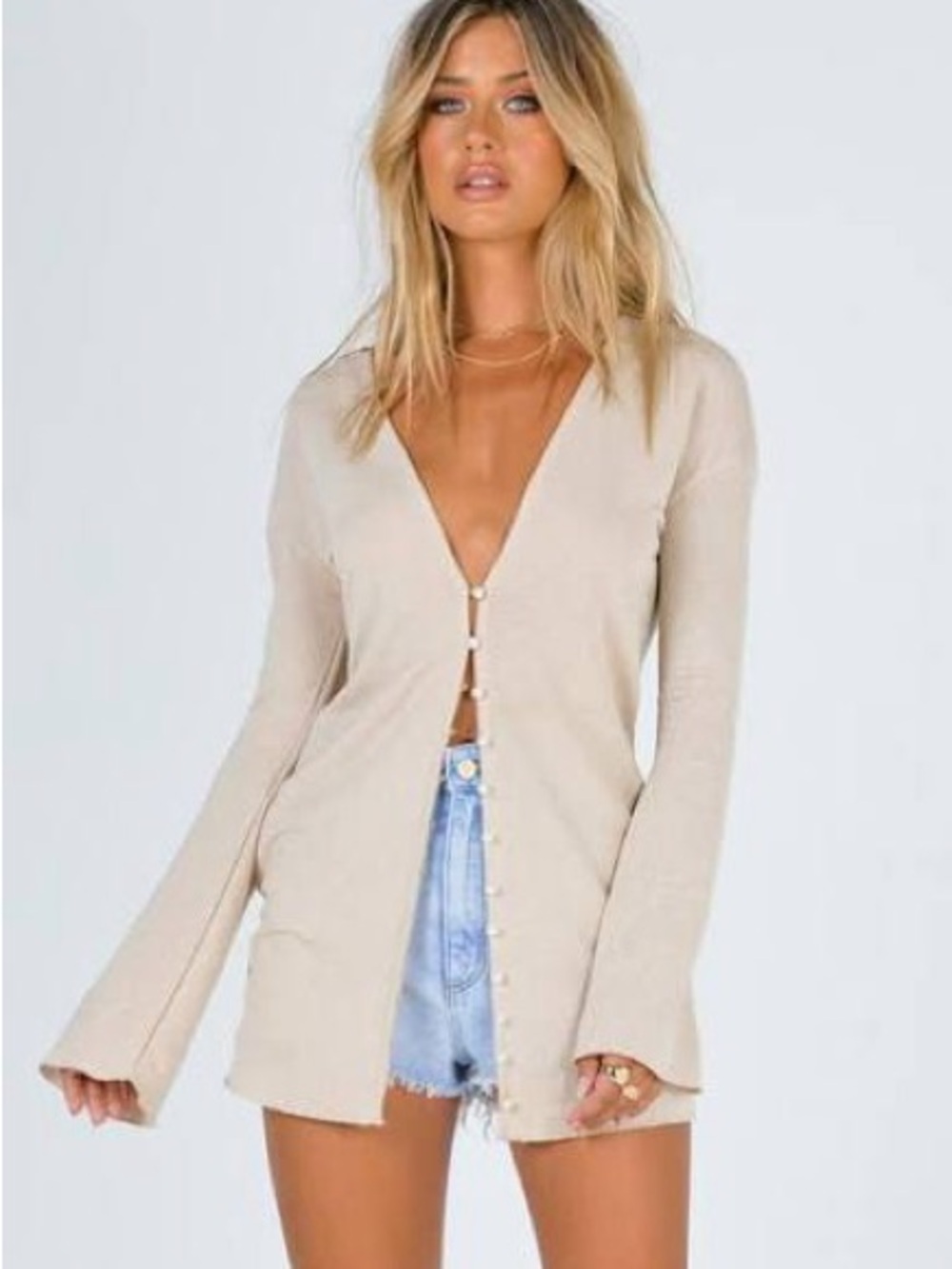 Princess Polly Beige Knit V-Neck Cardigan with Pearl Buttons